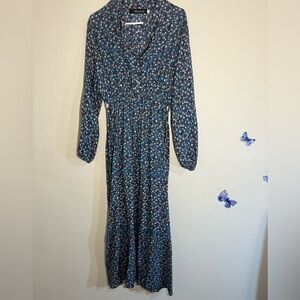 Modest Ankle Length Long Sleeve Blue Button Up Dress